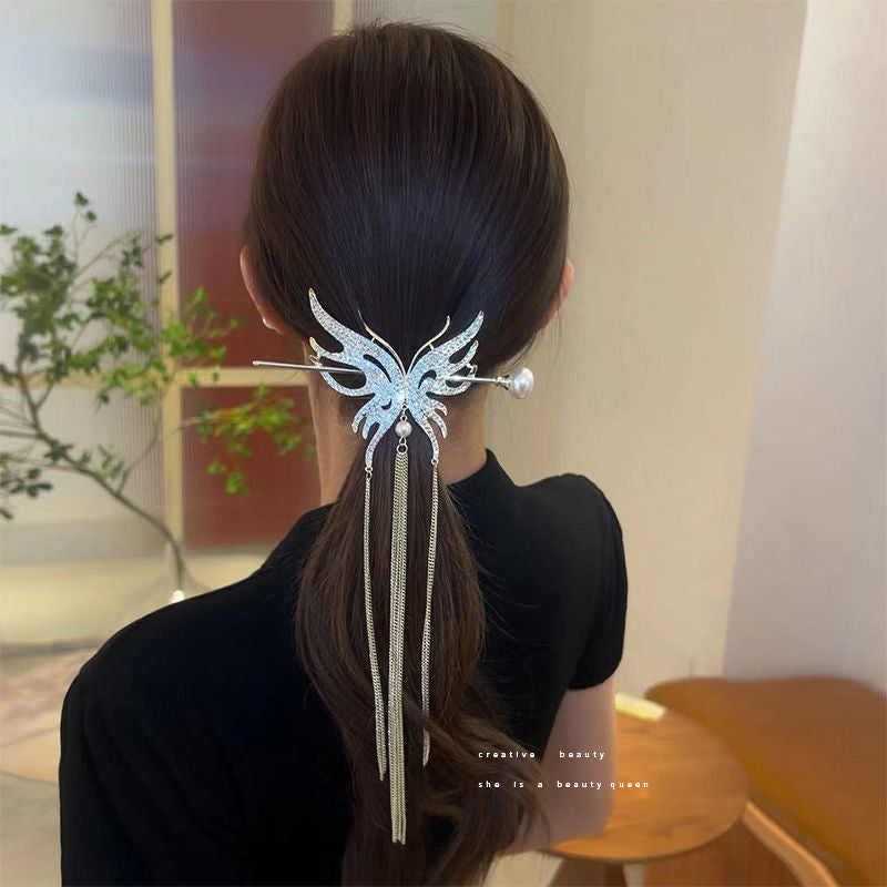 Butterfly Rhinestone Long Tassel Hairpin
