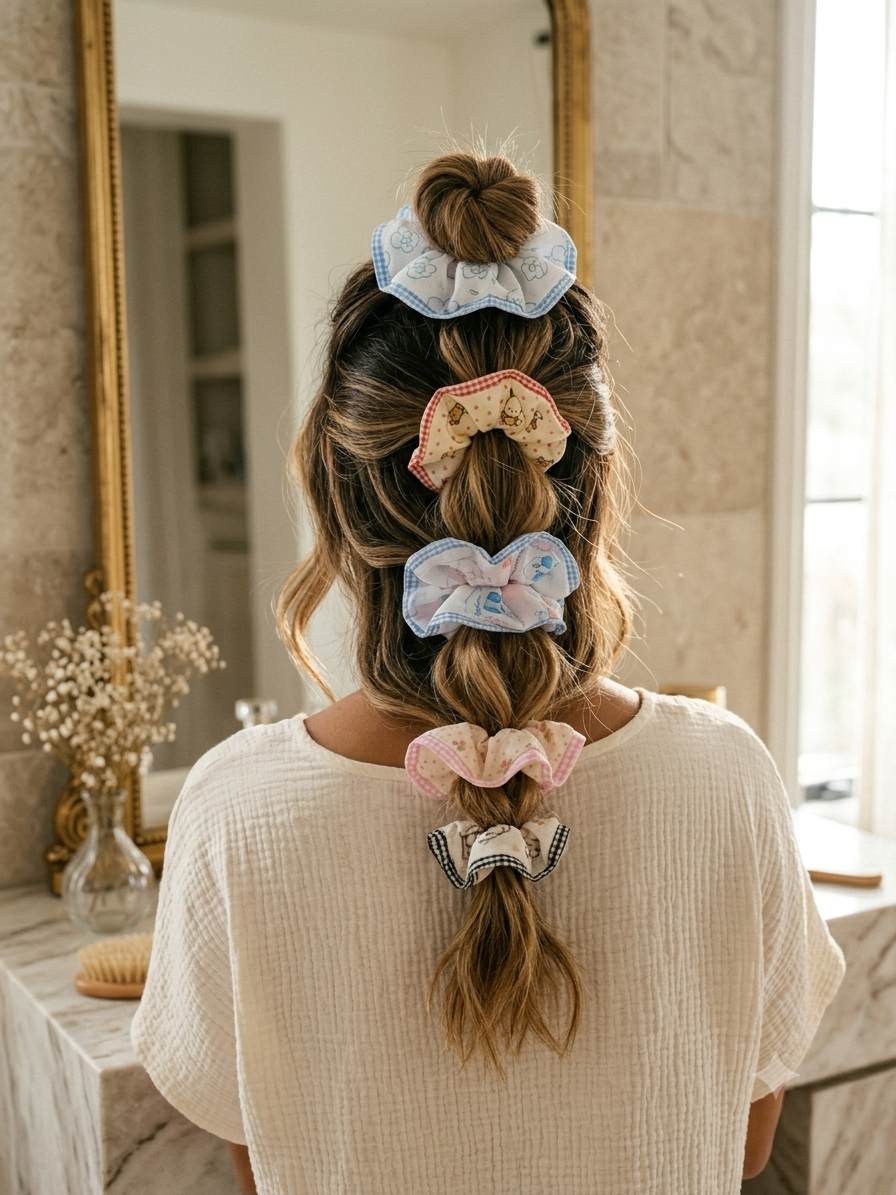 🌸 Vintage Printed Scrunchie Set – Pack of 5