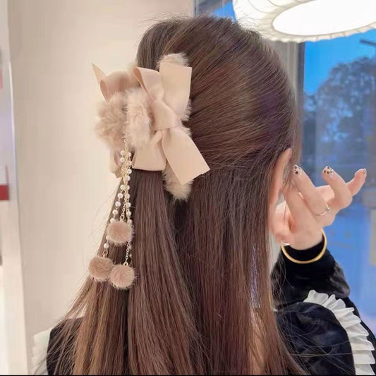 Fur Hair Claw Clip With Pom Pom tail Brown colour (Pack of 1)