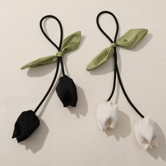 Elegant Bow & Rose Tulip Hair Tie – Chic Korean Style Hair Accessory for Women & Girls