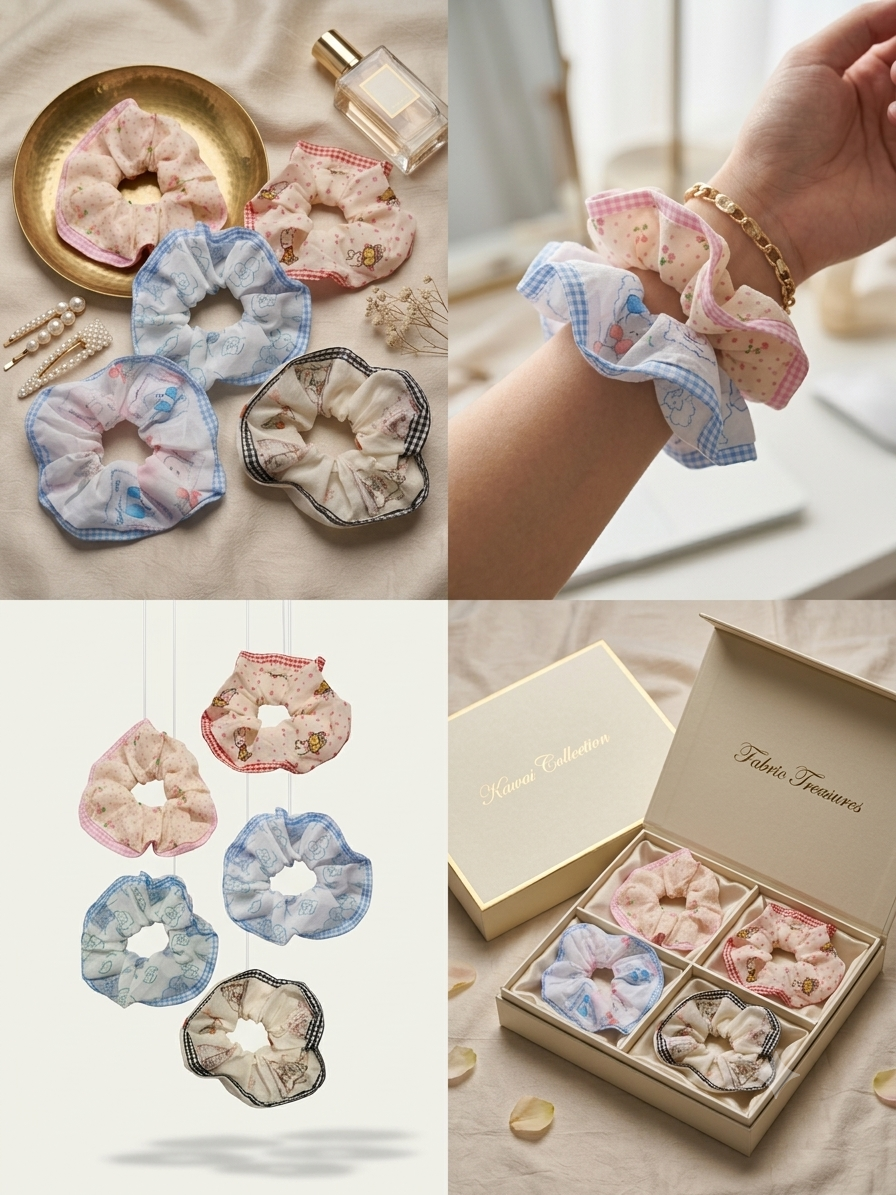 🌸 Vintage Printed Scrunchie Set – Pack of 5